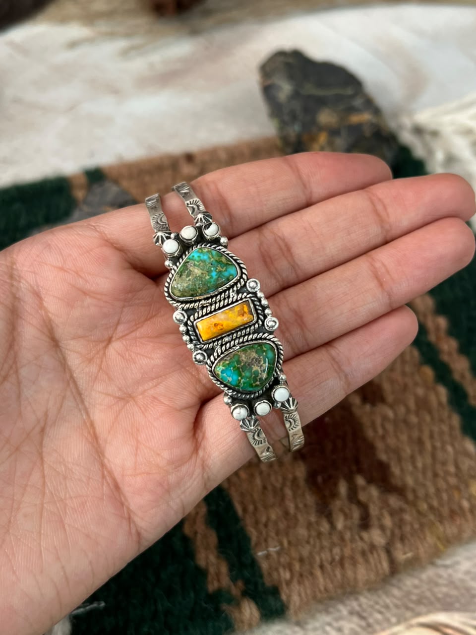 Handmade Sterling Silver Sonoran Mountain Turquoise with Bumblebee and White Buffalo Spring Collection: Cuff Bracelet Signed Nizhoni