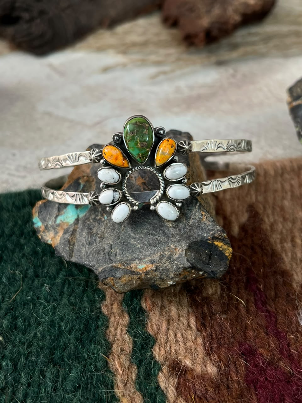 Handmade Sterling Silver Sonoran Mountain Turquoise with Bumblebee and White Buffalo Spring Collection: Naja Cuff Bracelet Signed Nizhoni