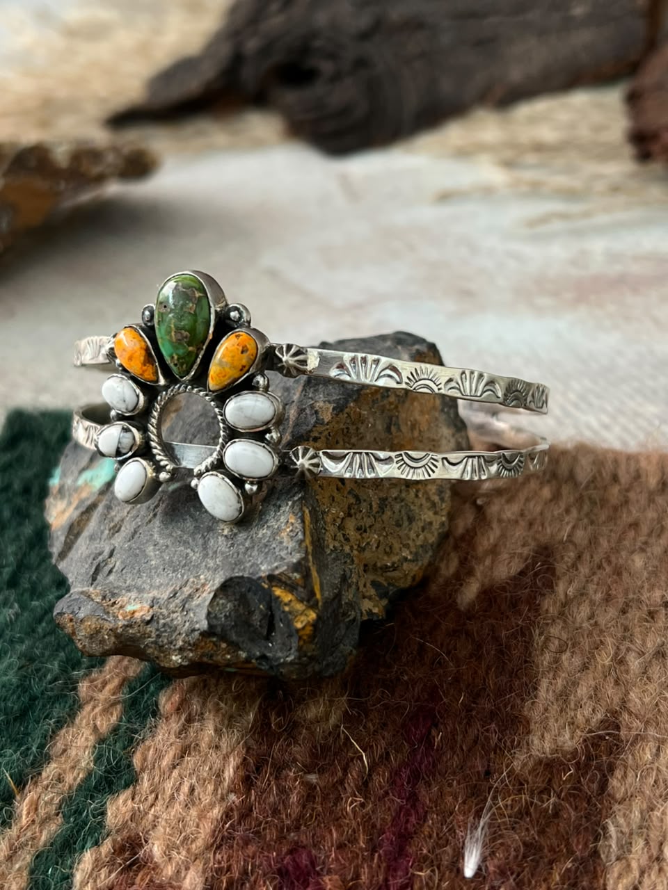 Handmade Sterling Silver Sonoran Mountain Turquoise with Bumblebee and White Buffalo Spring Collection: Naja Cuff Bracelet Signed Nizhoni
