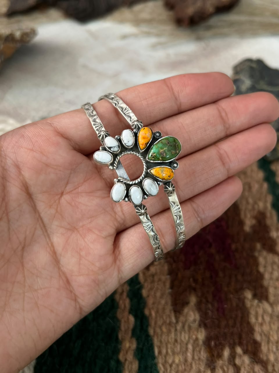 Handmade Sterling Silver Sonoran Mountain Turquoise with Bumblebee and White Buffalo Spring Collection: Naja Cuff Bracelet Signed Nizhoni
