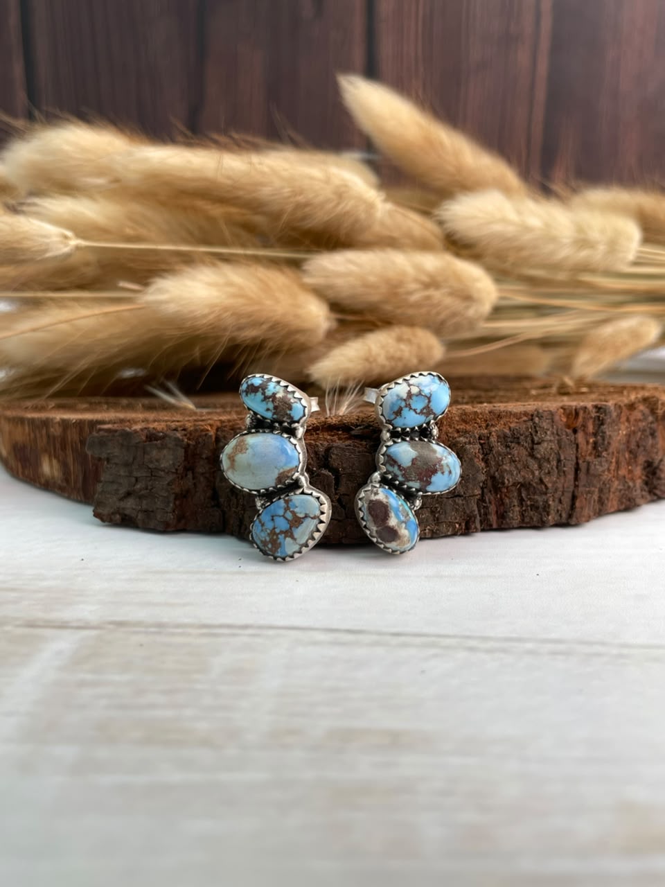 Handmade Sterling Silver Golden Hills Turquoise Post Studs Earrings Signed Nizhoni