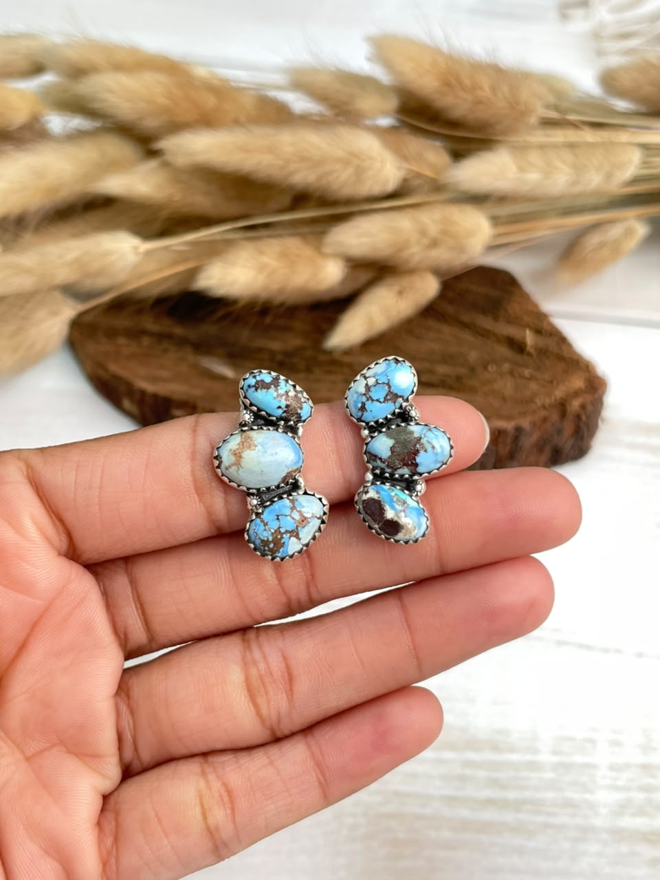 Handmade Sterling Silver Golden Hills Turquoise Post Studs Earrings Signed Nizhoni
