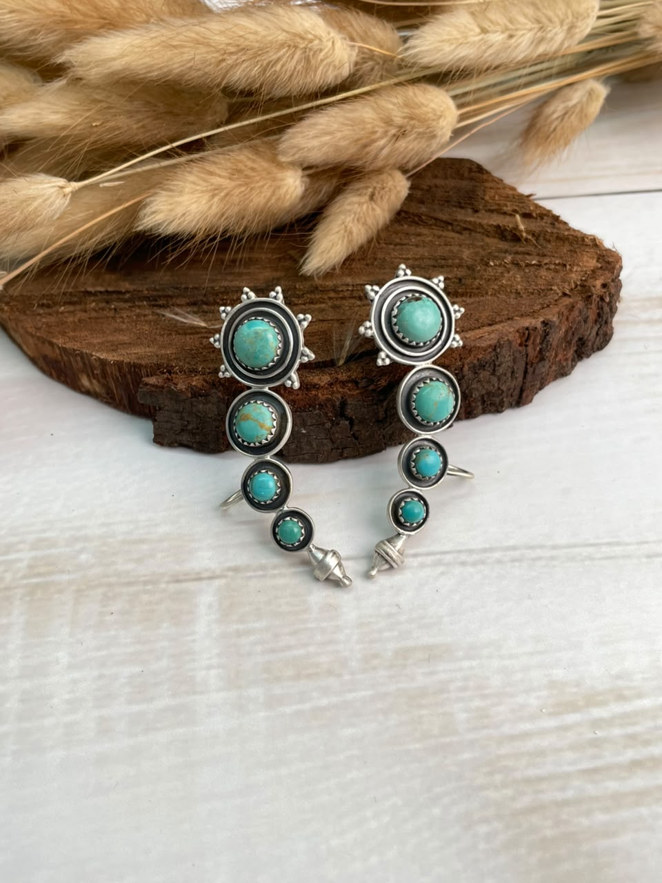Handmade Sterling Silver Kingman Turquoise Ear Cuffs Signed Nizhoni