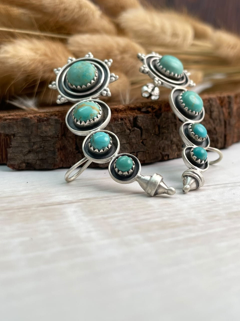 Handmade Sterling Silver Kingman Turquoise Ear Cuffs Signed Nizhoni