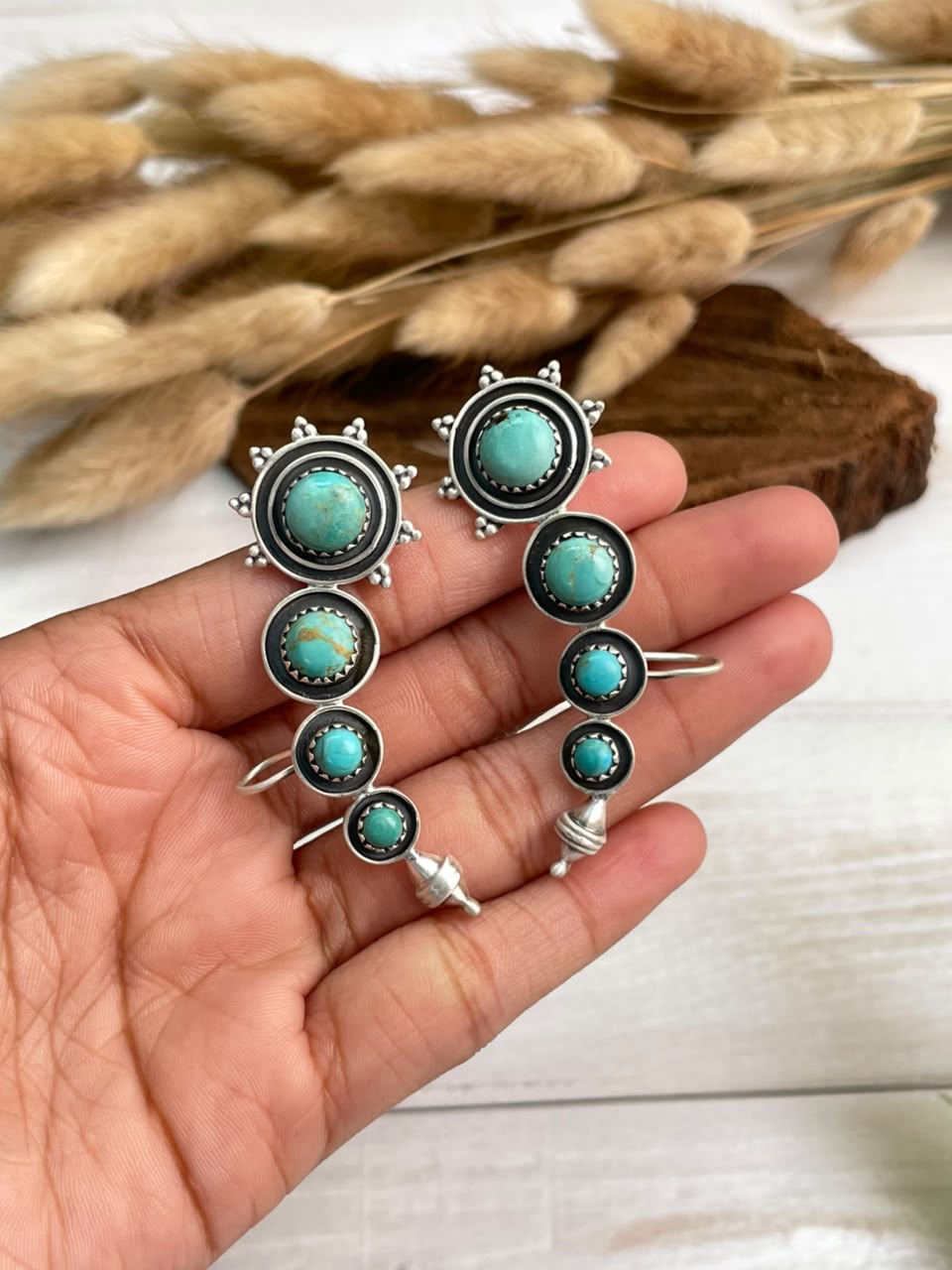 Handmade Sterling Silver Kingman Turquoise Ear Cuffs Signed Nizhoni