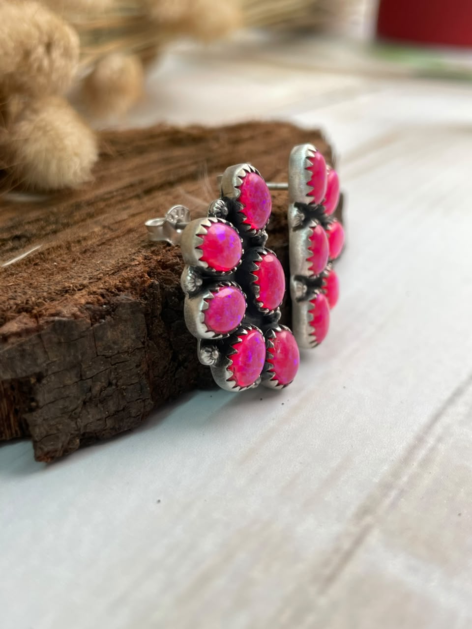 Handmade Sterling Silver Hot Pink Post Studs Earrings Signed Nizhoni