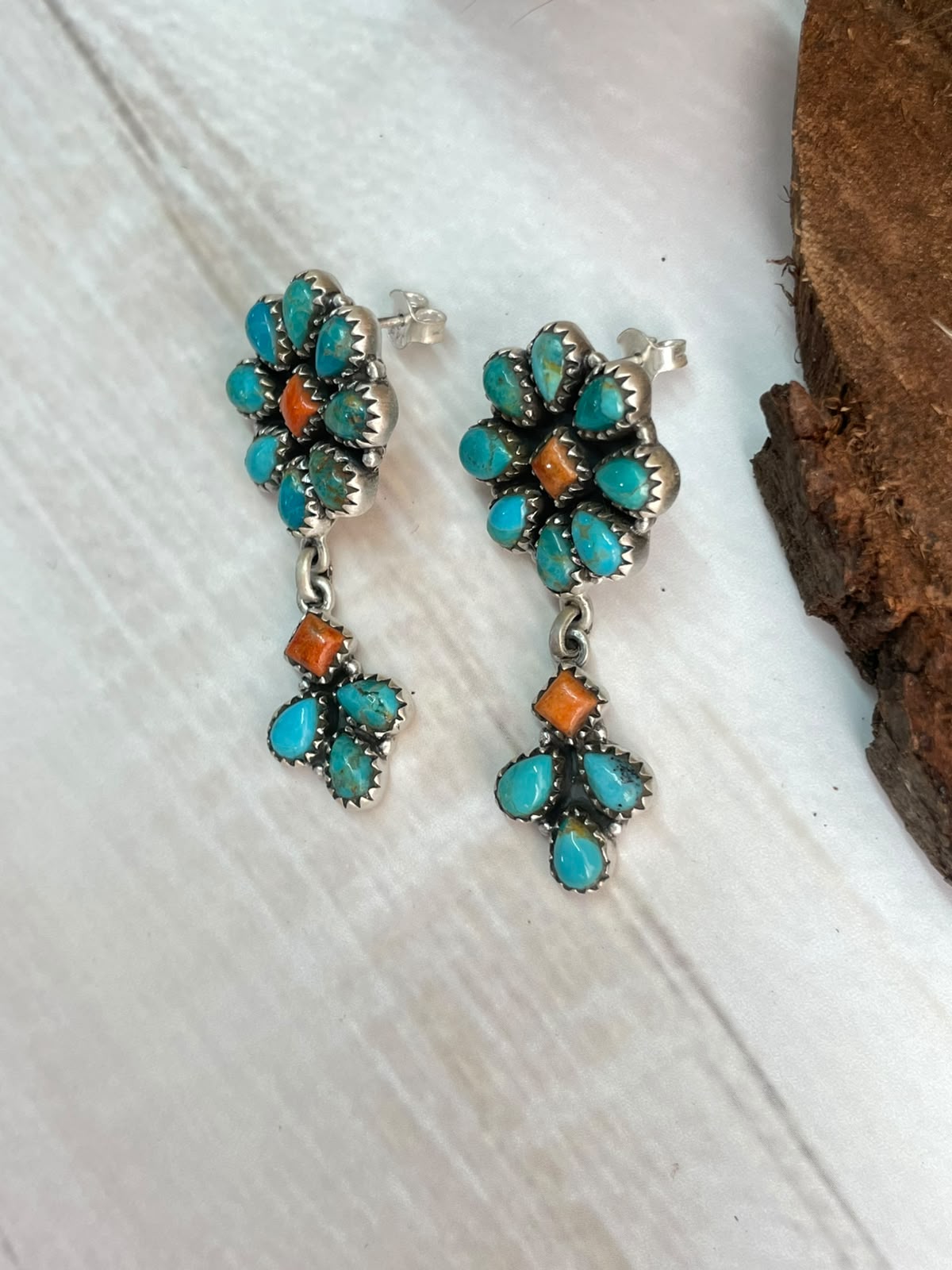 Handmade Sterling Silver Orange Mojave with Kingman Turquoise Post Dangle Earrings Signed Nizhoni