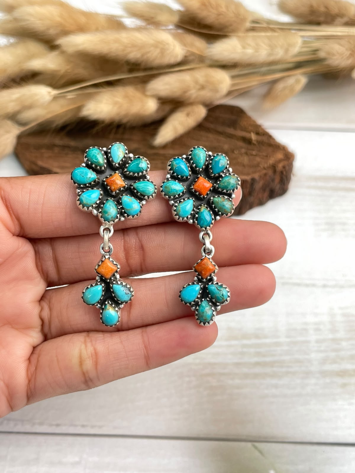 Handmade Sterling Silver Orange Mojave with Kingman Turquoise Post Dangle Earrings Signed Nizhoni