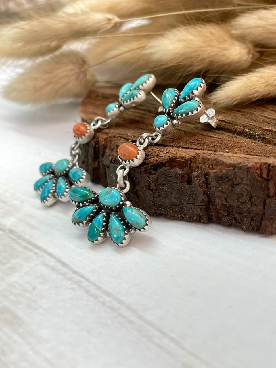 Handmade Sterling Silver Orange Mojave with Kingman Turquoise Post Dangle Earrings Signed Nizhoni