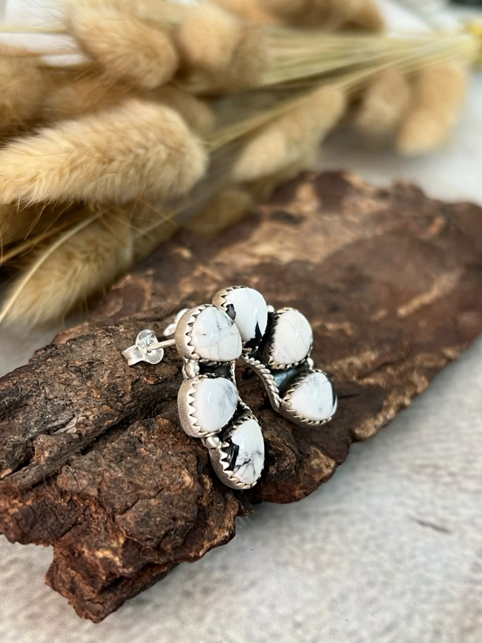 Handmade Sterling Silver White Buffalo Post Studs Earrings Signed Nizhoni