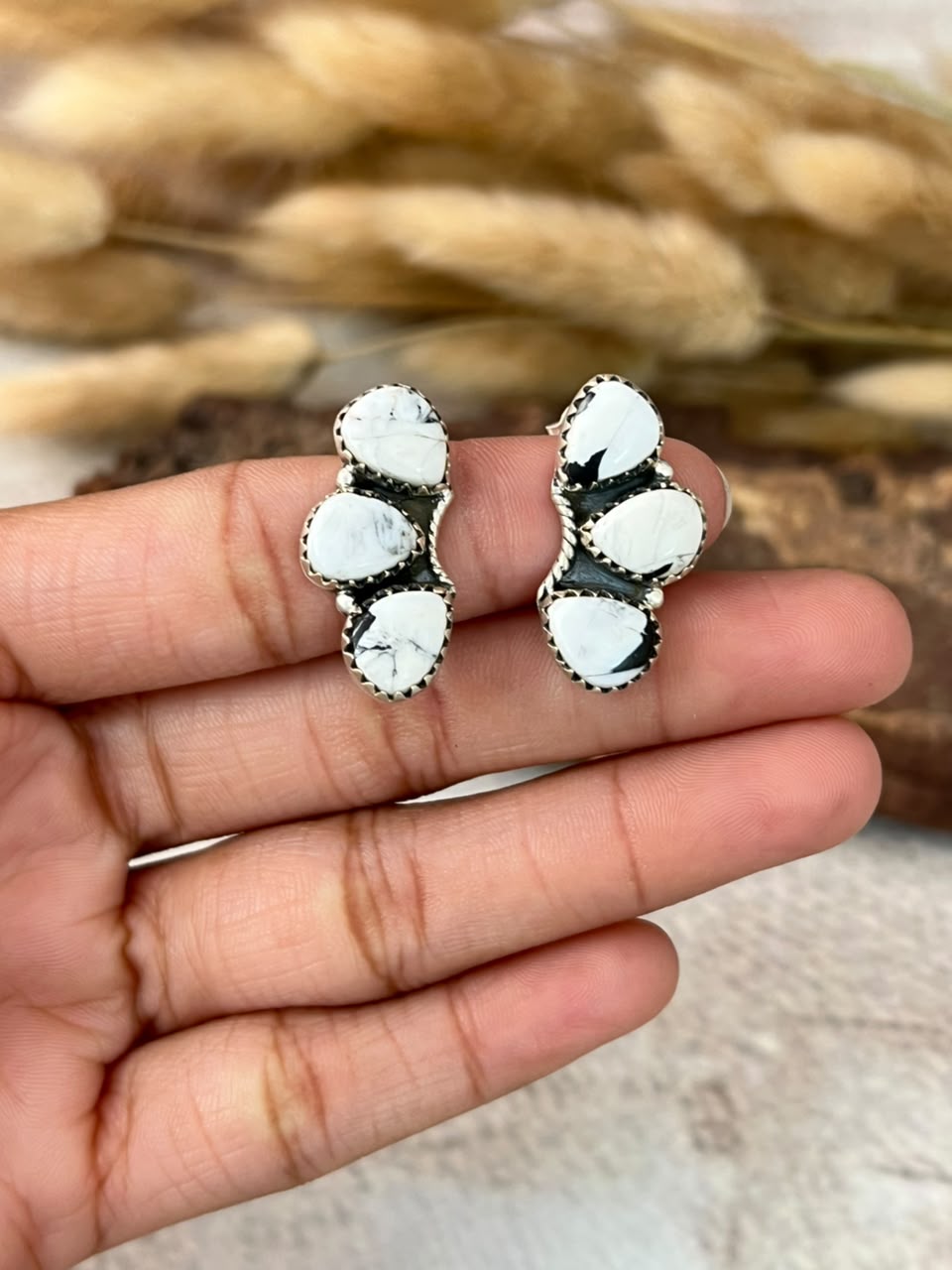 Handmade Sterling Silver White Buffalo Post Studs Earrings Signed Nizhoni