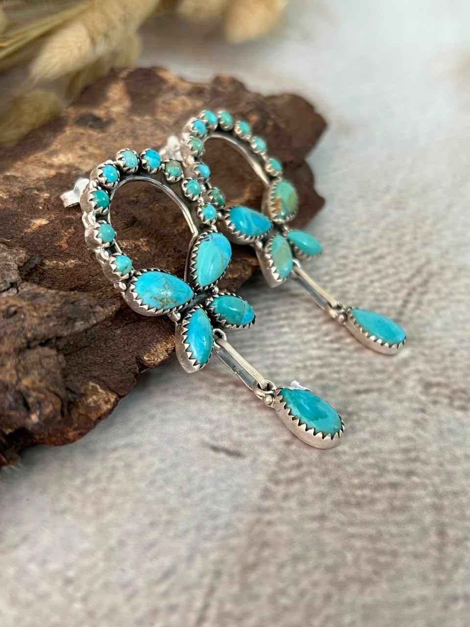 Handmade Sterling Silver Kingman Turquoise Post Dangle Earrings Signed Nizhoni
