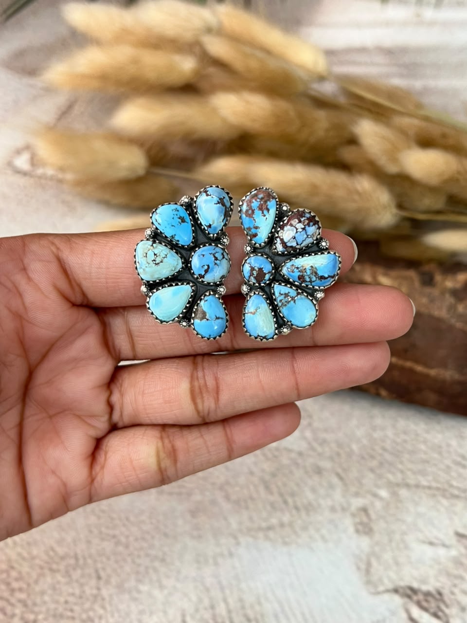 Handmade Sterling Silver Golden Hills Turquoise Post Studs Earrings Signed Nizhoni