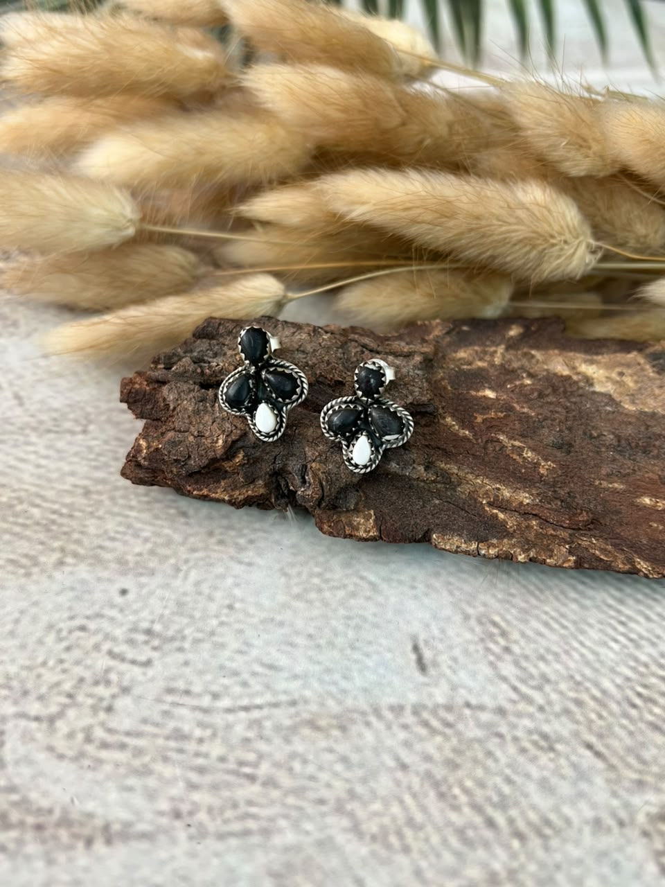 Handmade Sterling Silver White Buffalo Post Studs Earrings Signed Nizhoni