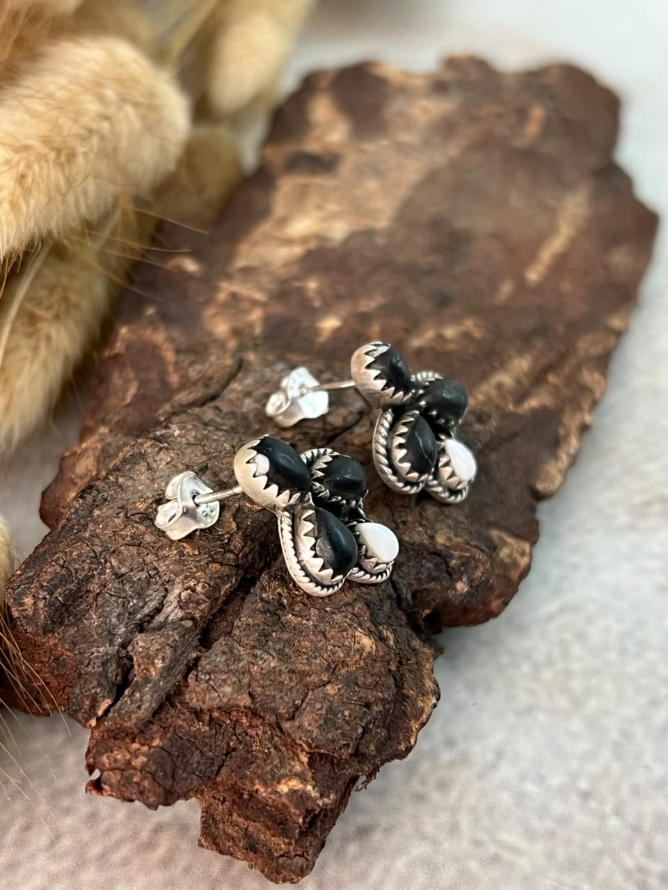 Handmade Sterling Silver White Buffalo Post Studs Earrings Signed Nizhoni