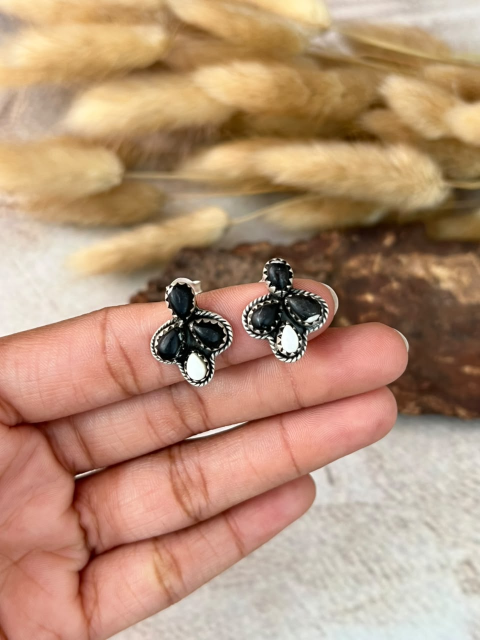 Handmade Sterling Silver White Buffalo Post Studs Earrings Signed Nizhoni