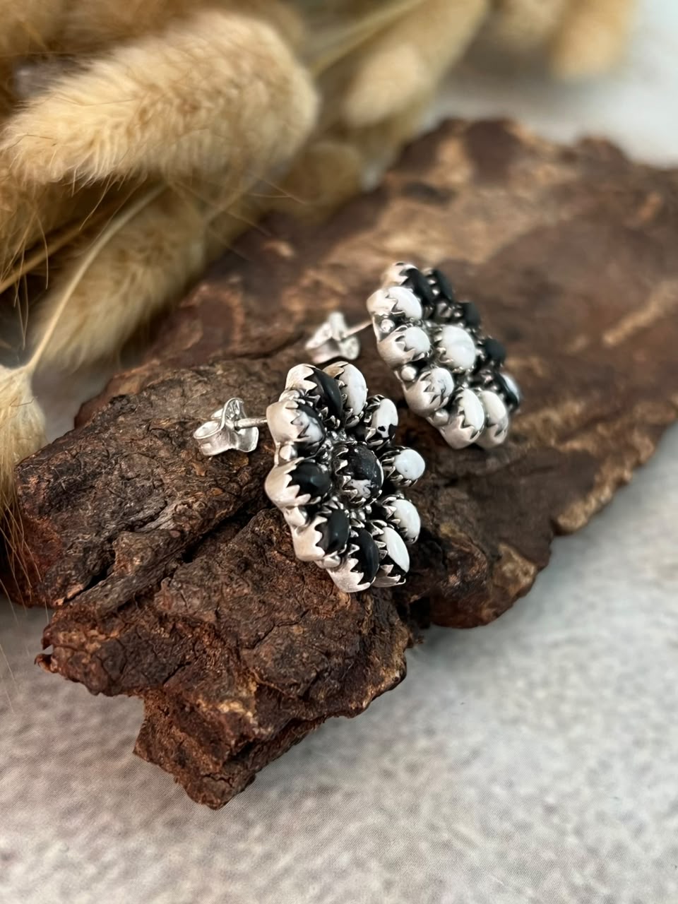 Handmade Sterling Silver White Buffalo Post Studs Earrings Signed Nizhoni