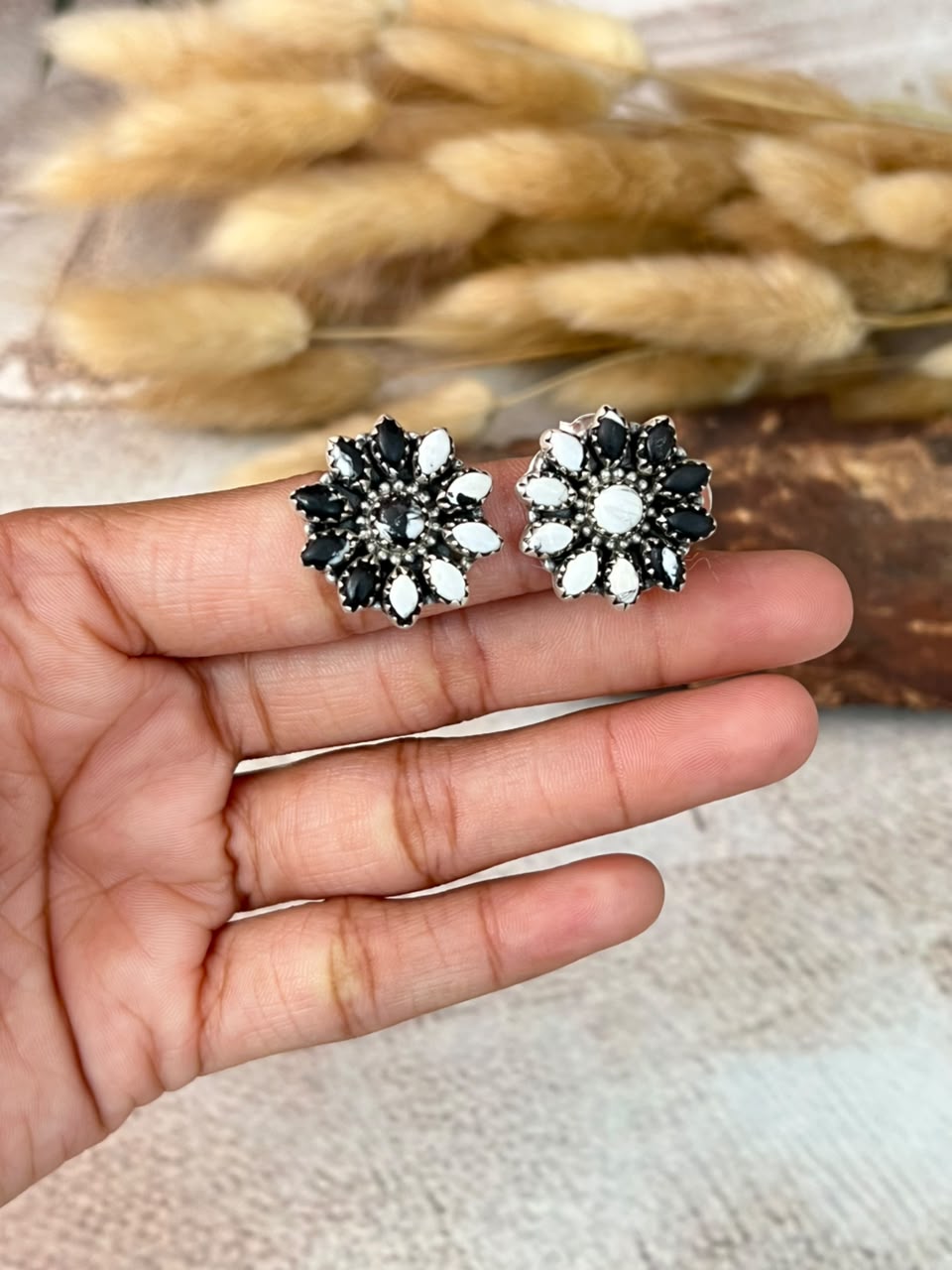 Handmade Sterling Silver White Buffalo Post Studs Earrings Signed Nizhoni