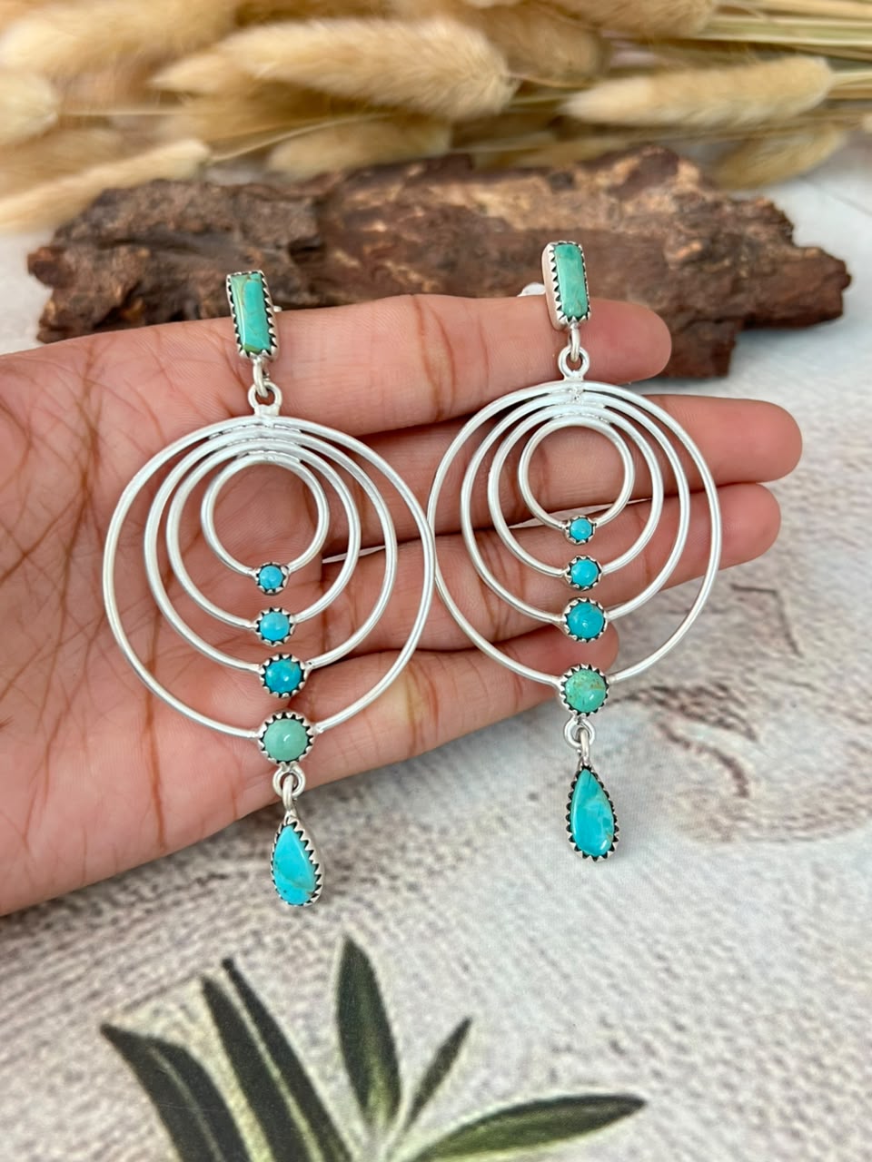 Handmade Sterling Silver Kingman Turquoise Post Dangle Earrings Signed Nizhoni