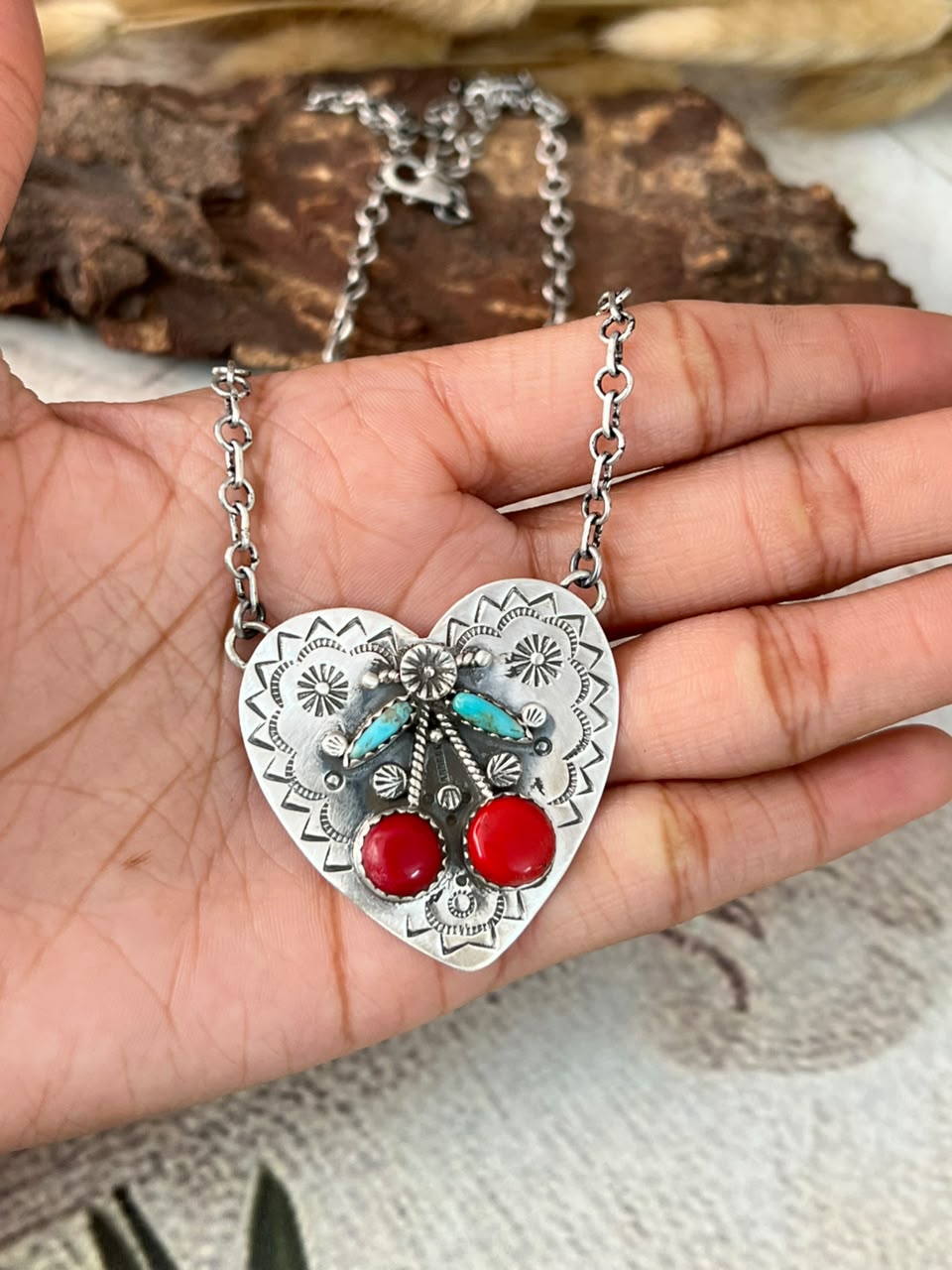 Handmade Sterling Silver Kingman Turquoise with Rosarita Cherry Heart Necklace Signed Nizhoni