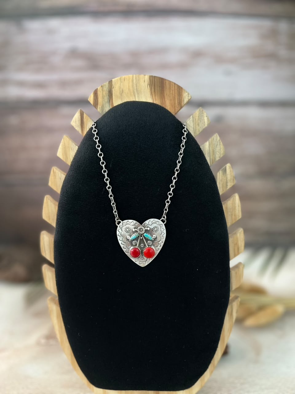 Handmade Sterling Silver Kingman Turquoise with Rosarita Cherry Heart Necklace Signed Nizhoni