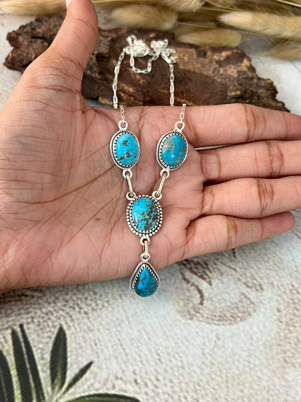 Handmade Sterling Silver Blue Kingman Turquoise Necklace Signed Nizhoni