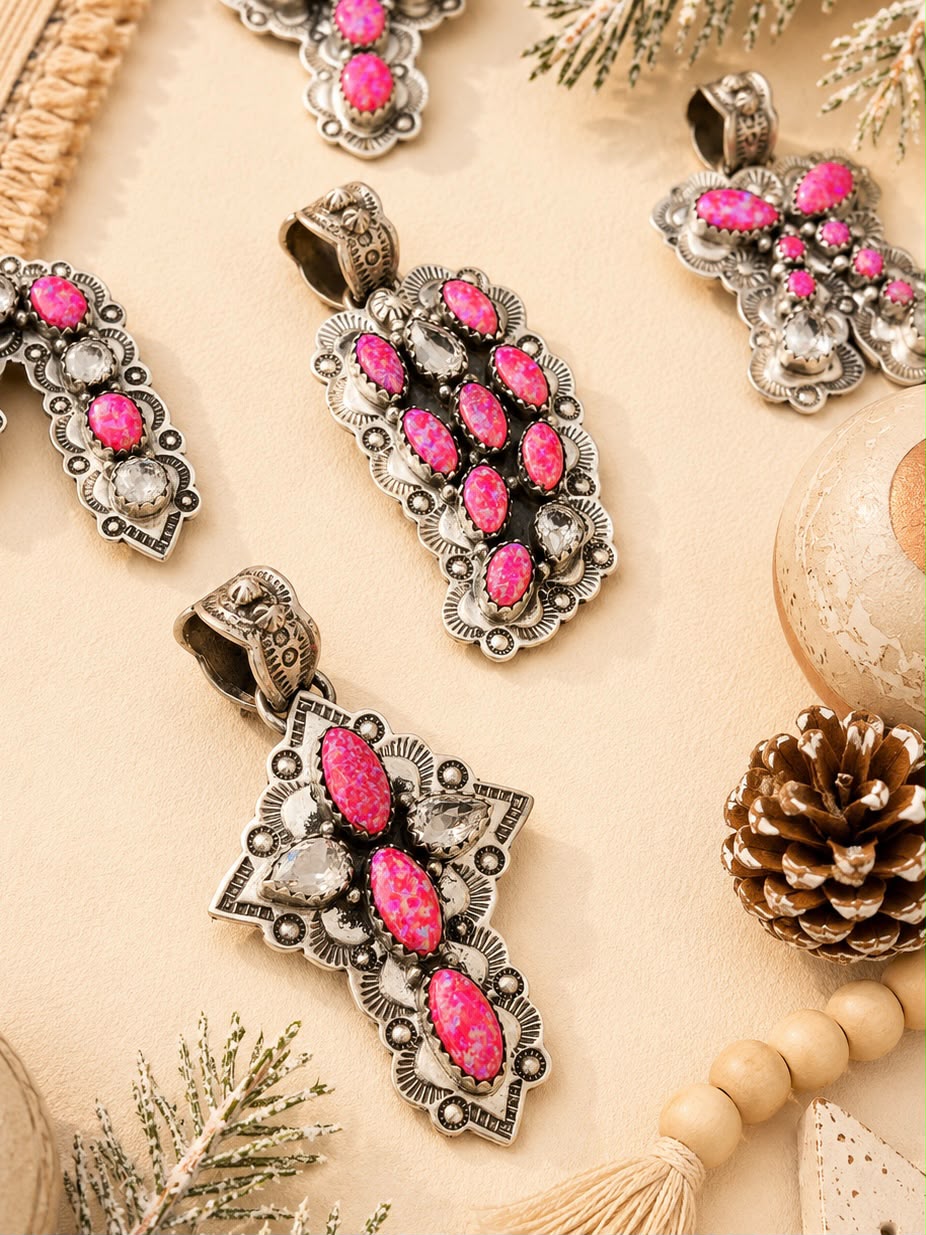 Handmade Sterling Silver Hot Pink with Cubic Zirconia Christmas Ornaments Collection: Pendant Signed Nizhoni (7)