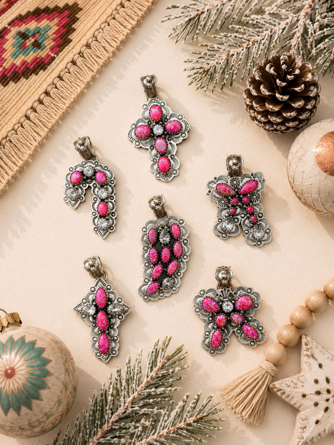 Handmade Sterling Silver Hot Pink with Cubic Zirconia Christmas Ornaments Collection: Pendant Signed Nizhoni (7)