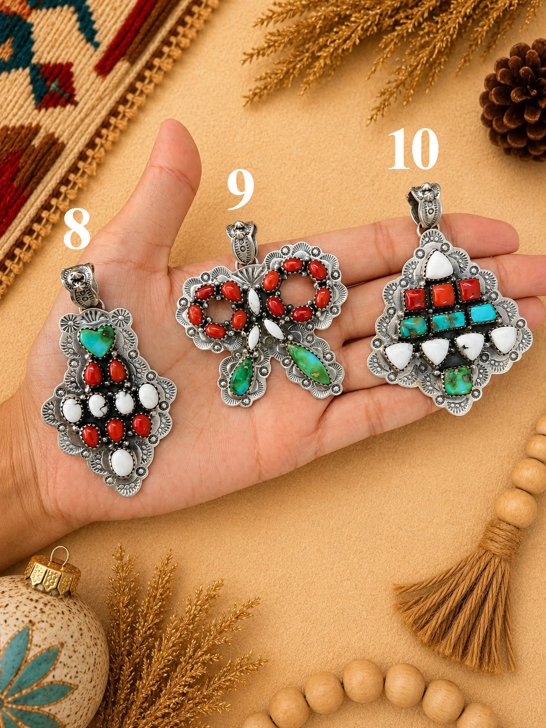Handmade Sterling Silver Sonoran Mountain Turquoise with Coral and White Buffalo Christmas Ornaments Collection: Pendant Signed Nizhoni (9)