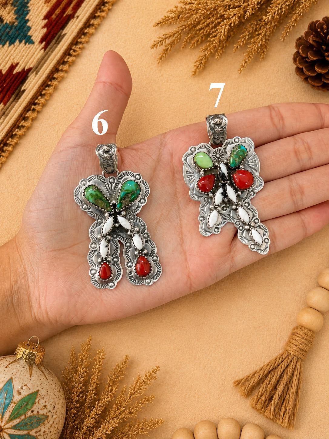 Handmade Sterling Silver Sonoran Mountain Turquoise with Coral and White Buffalo Christmas Ornaments Collection: Pendant Signed Nizhoni (9)