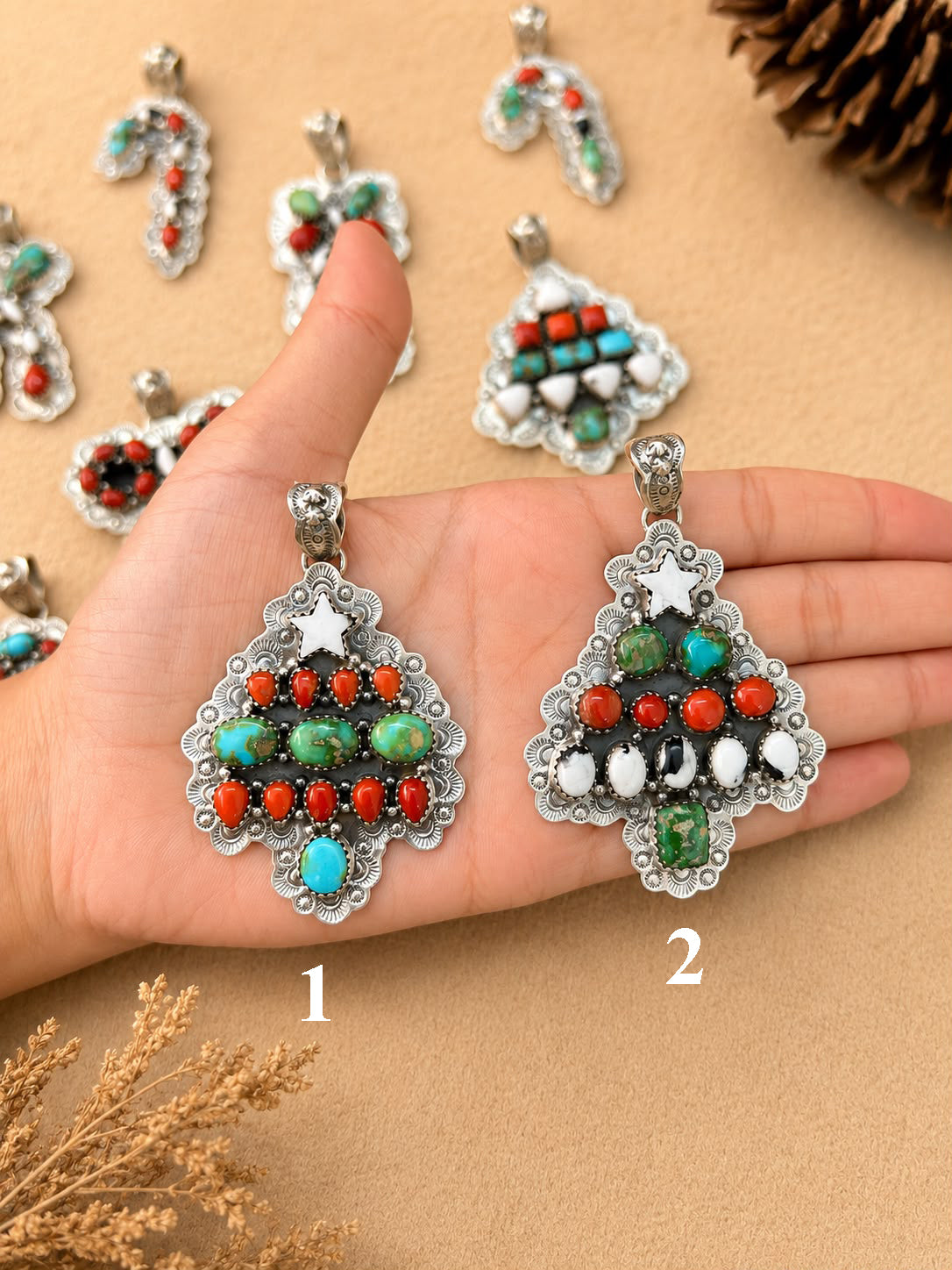 Handmade Sterling Silver Sonoran Mountain Turquoise with Coral and White Buffalo Christmas Ornaments Collection: Pendant Signed Nizhoni (9)