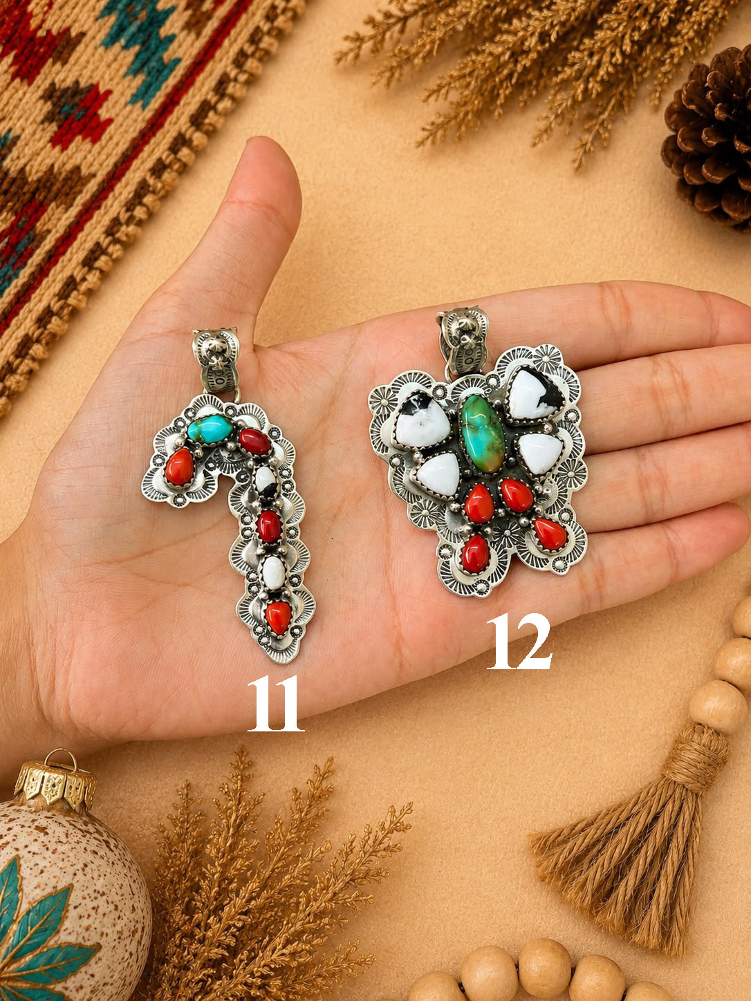 Handmade Sterling Silver Sonoran Mountain Turquoise with Coral and White Buffalo Christmas Ornaments Collection: Pendant Signed Nizhoni (9)