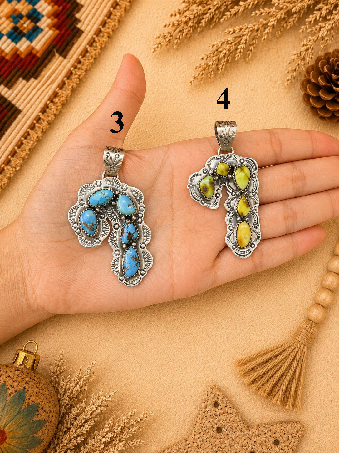 Handmade Sterling Silver Palomino, Golden Hills, Blackjack and White Water Turquoise Christmas Ornaments Collection: Pendant Signed Nizhoni