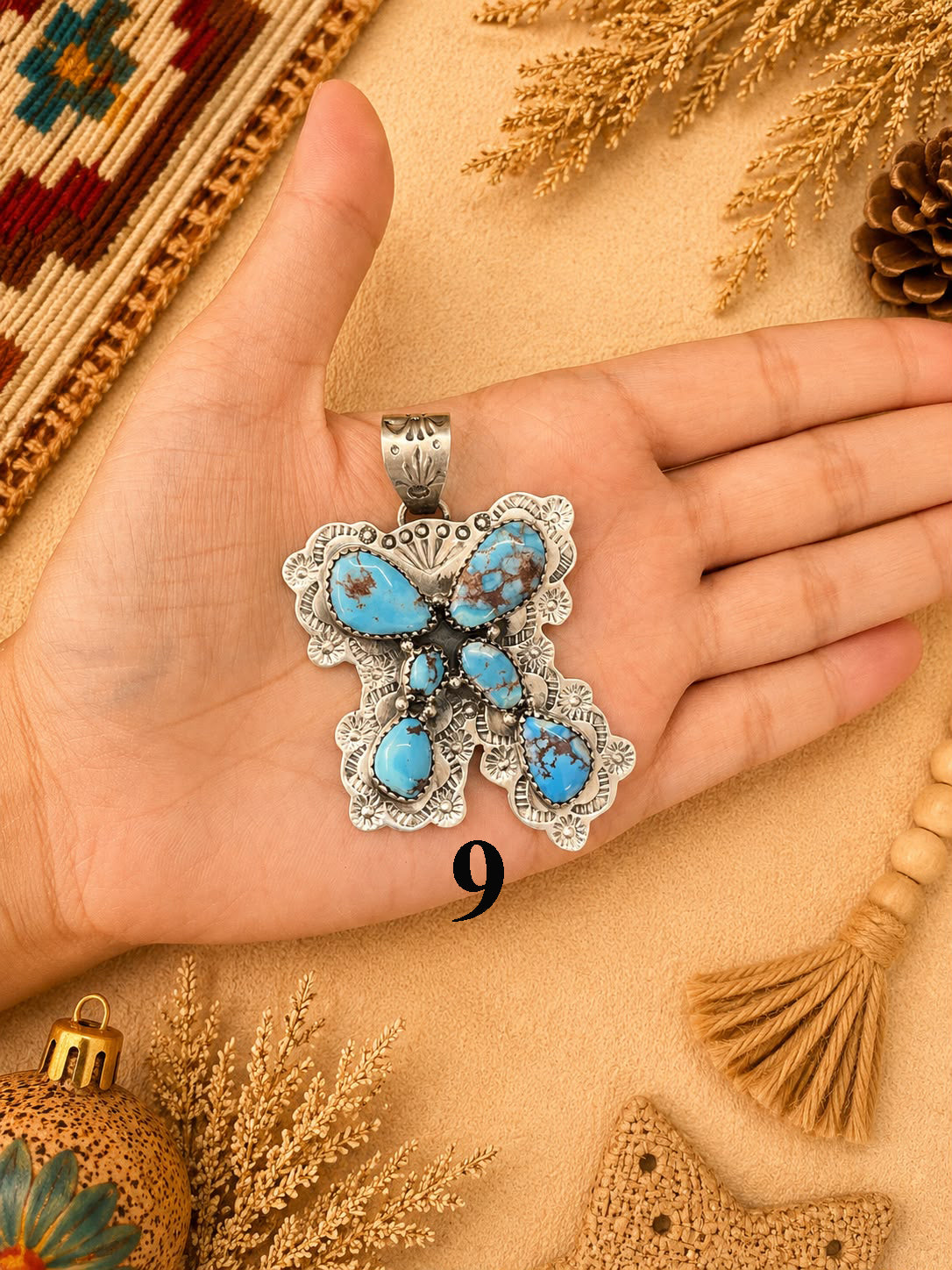 Handmade Sterling Silver Palomino, Golden Hills, Blackjack and White Water Turquoise Christmas Ornaments Collection: Pendant Signed Nizhoni