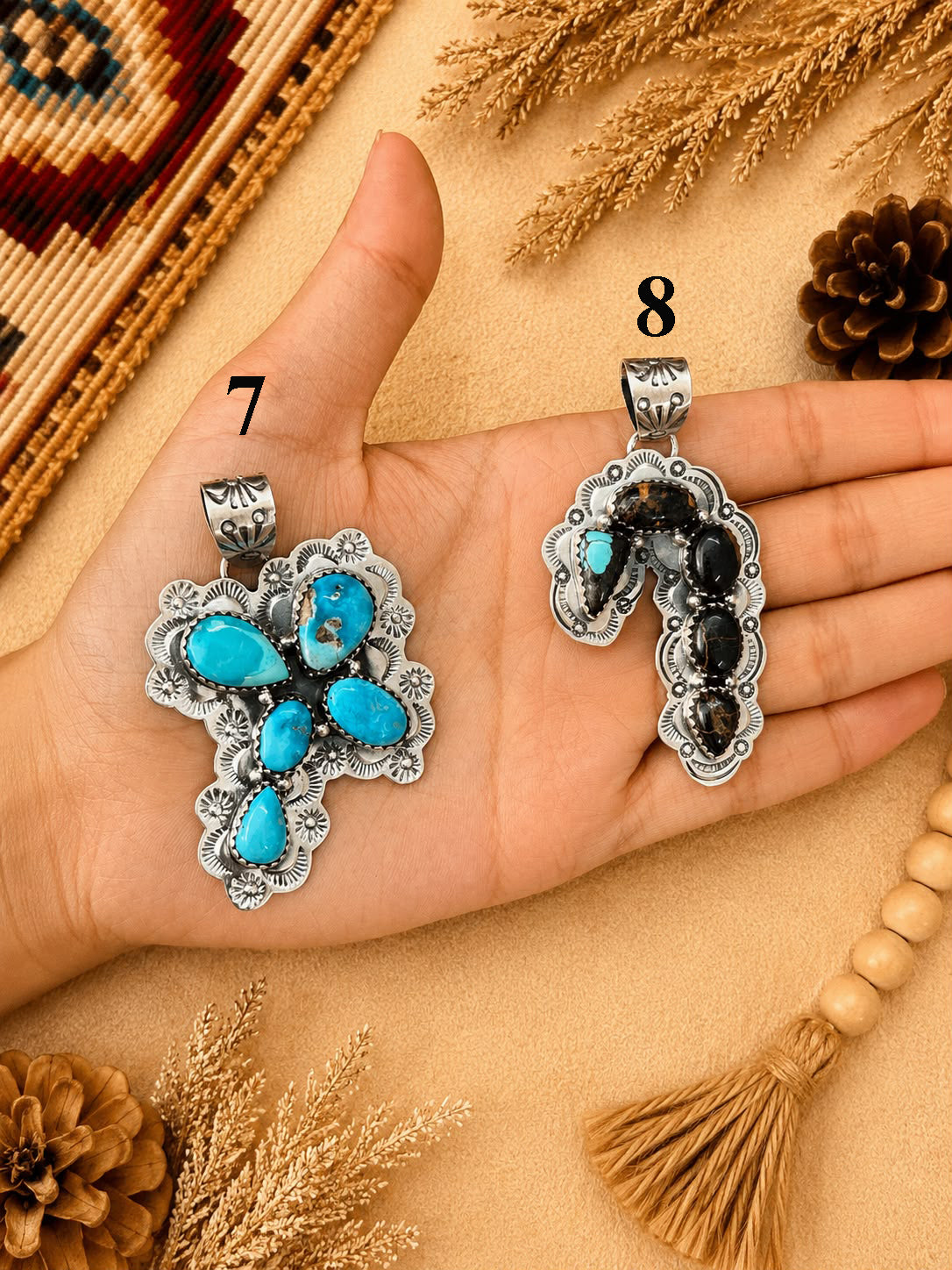 Handmade Sterling Silver Palomino, Golden Hills, Blackjack and White Water Turquoise Christmas Ornaments Collection: Pendant Signed Nizhoni