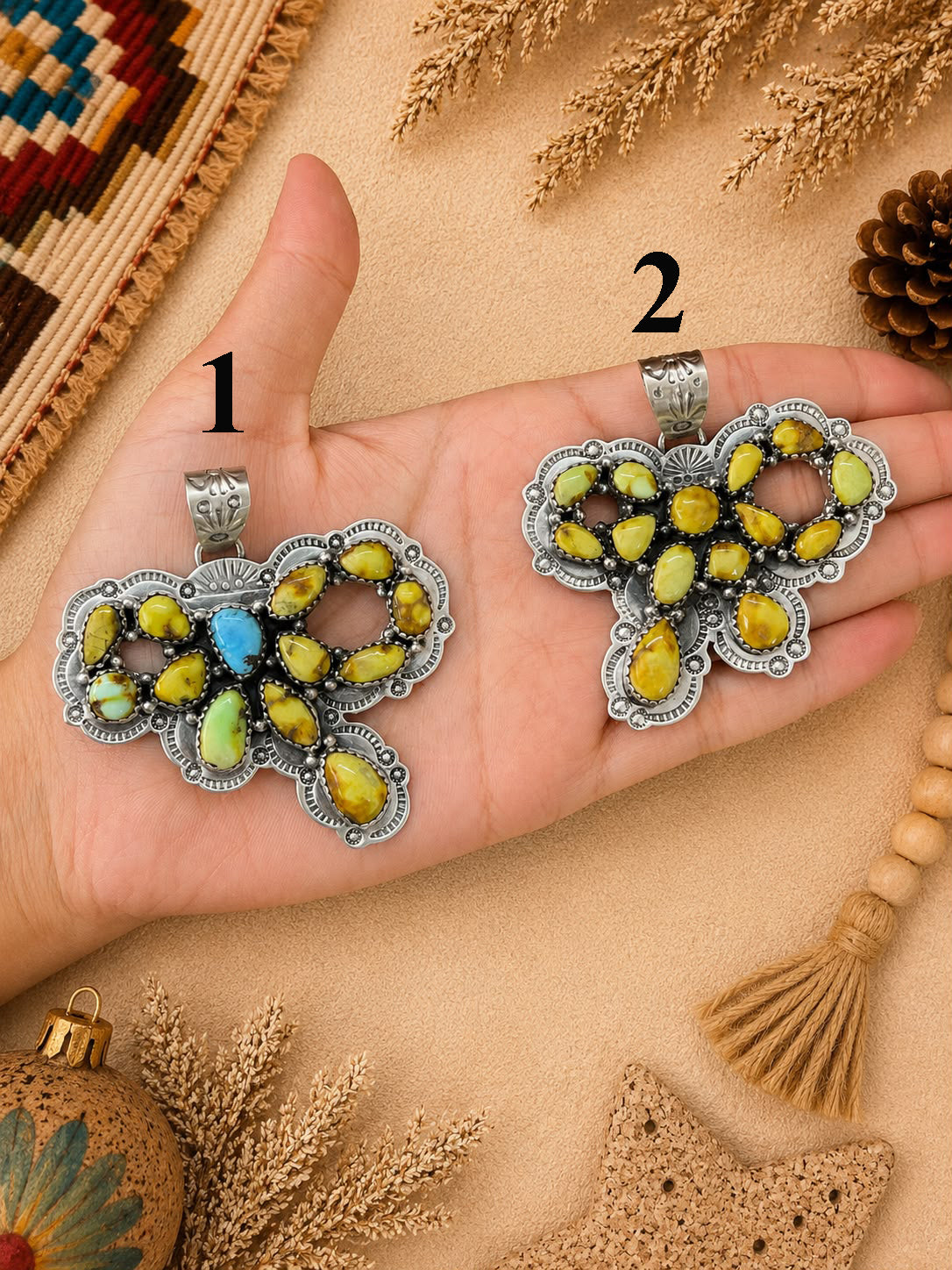 Handmade Sterling Silver Palomino, Golden Hills, Blackjack and White Water Turquoise Christmas Ornaments Collection: Pendant Signed Nizhoni