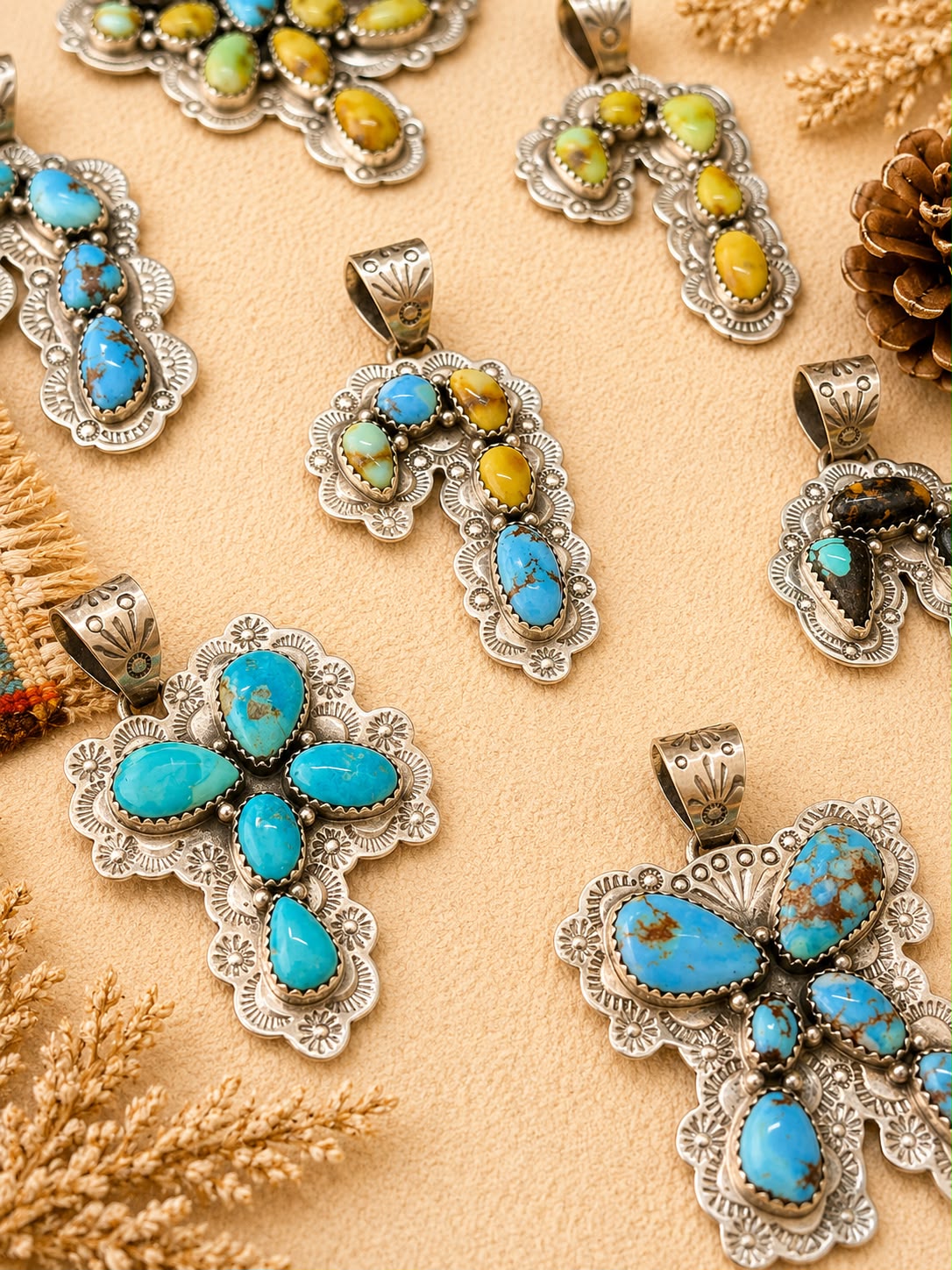 Handmade Sterling Silver Palomino, Golden Hills, Blackjack and White Water Turquoise Christmas Ornaments Collection: Pendant Signed Nizhoni