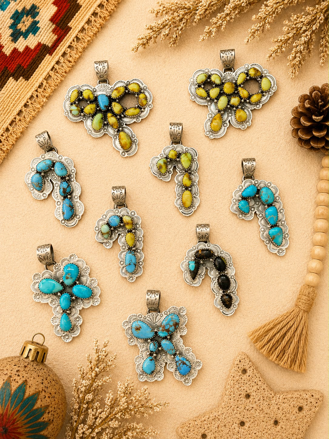 Handmade Sterling Silver Palomino, Golden Hills, Blackjack and White Water Turquoise Christmas Ornaments Collection: Pendant Signed Nizhoni