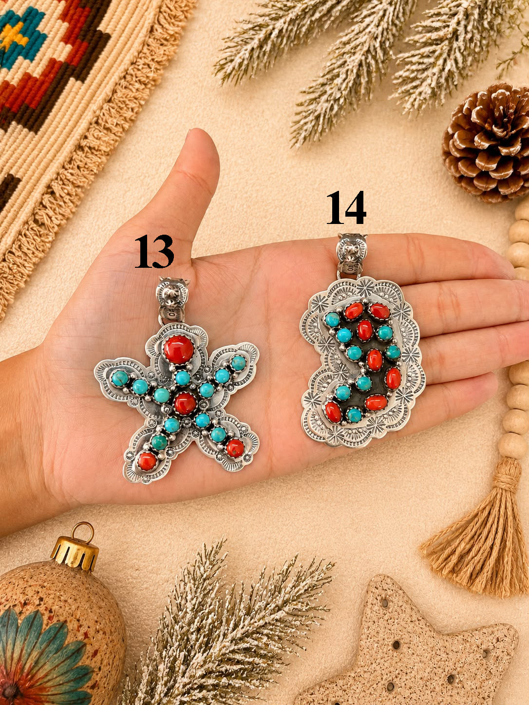 Handmade Sterling Silver Kingman Turquoise with Coral Christmas Ornaments Collection: Pendant Signed Nizhoni