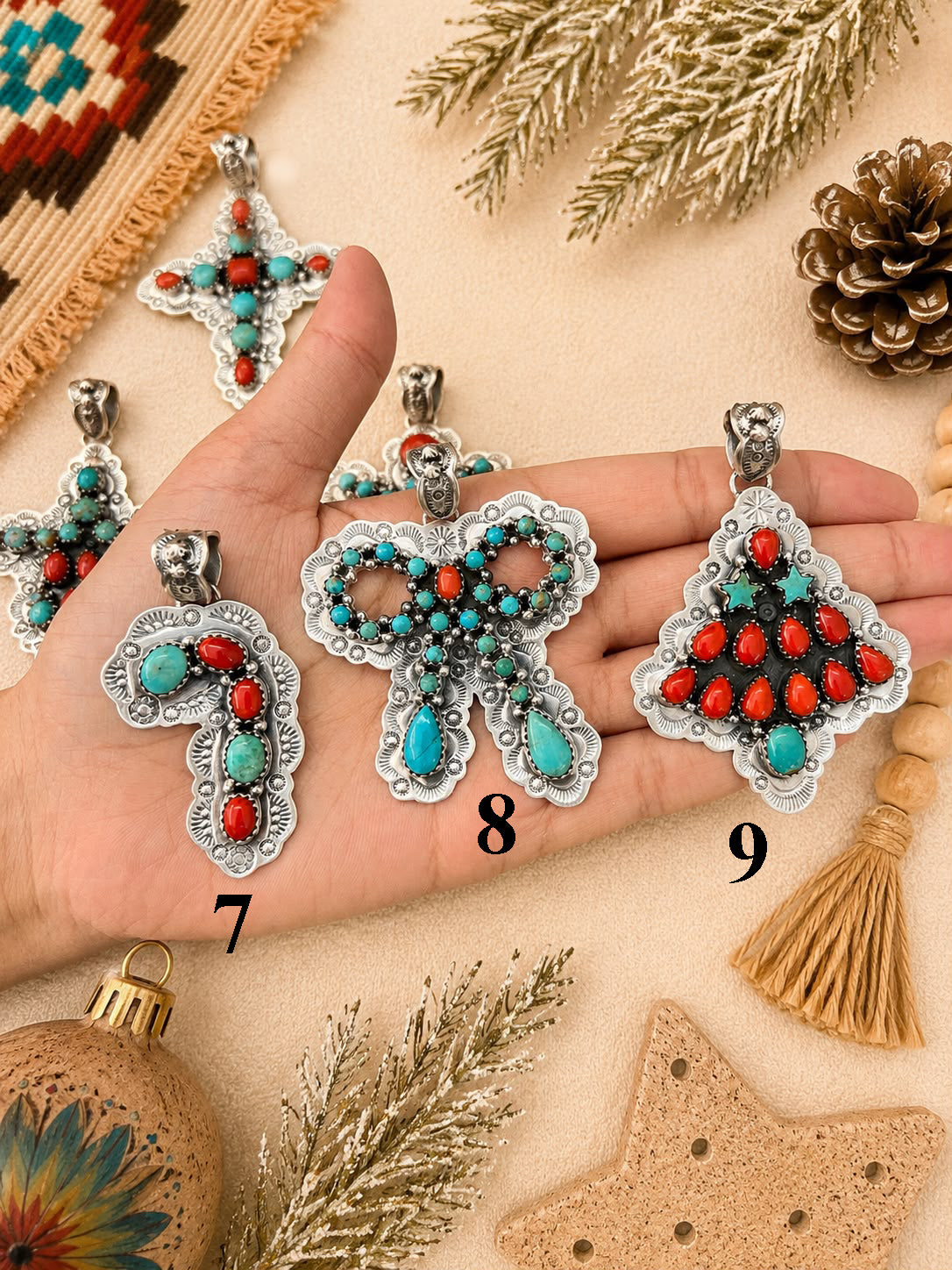 Handmade Sterling Silver Kingman Turquoise with Coral Christmas Ornaments Collection: Pendant Signed Nizhoni