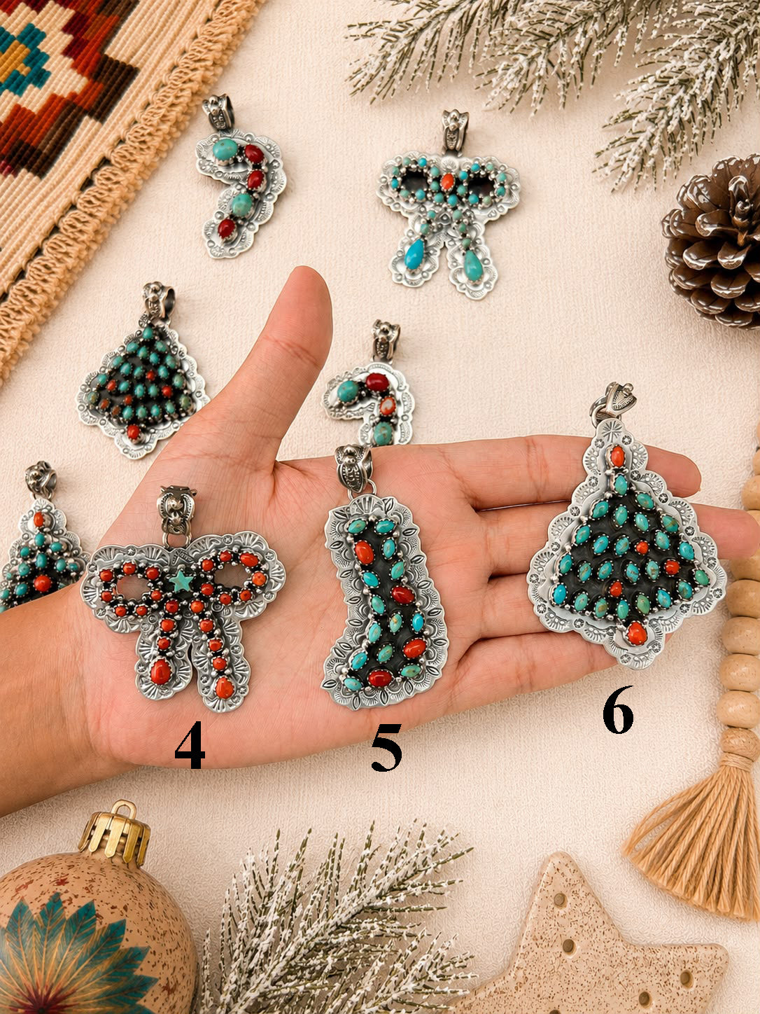 Handmade Sterling Silver Kingman Turquoise with Coral Christmas Ornaments Collection: Pendant Signed Nizhoni
