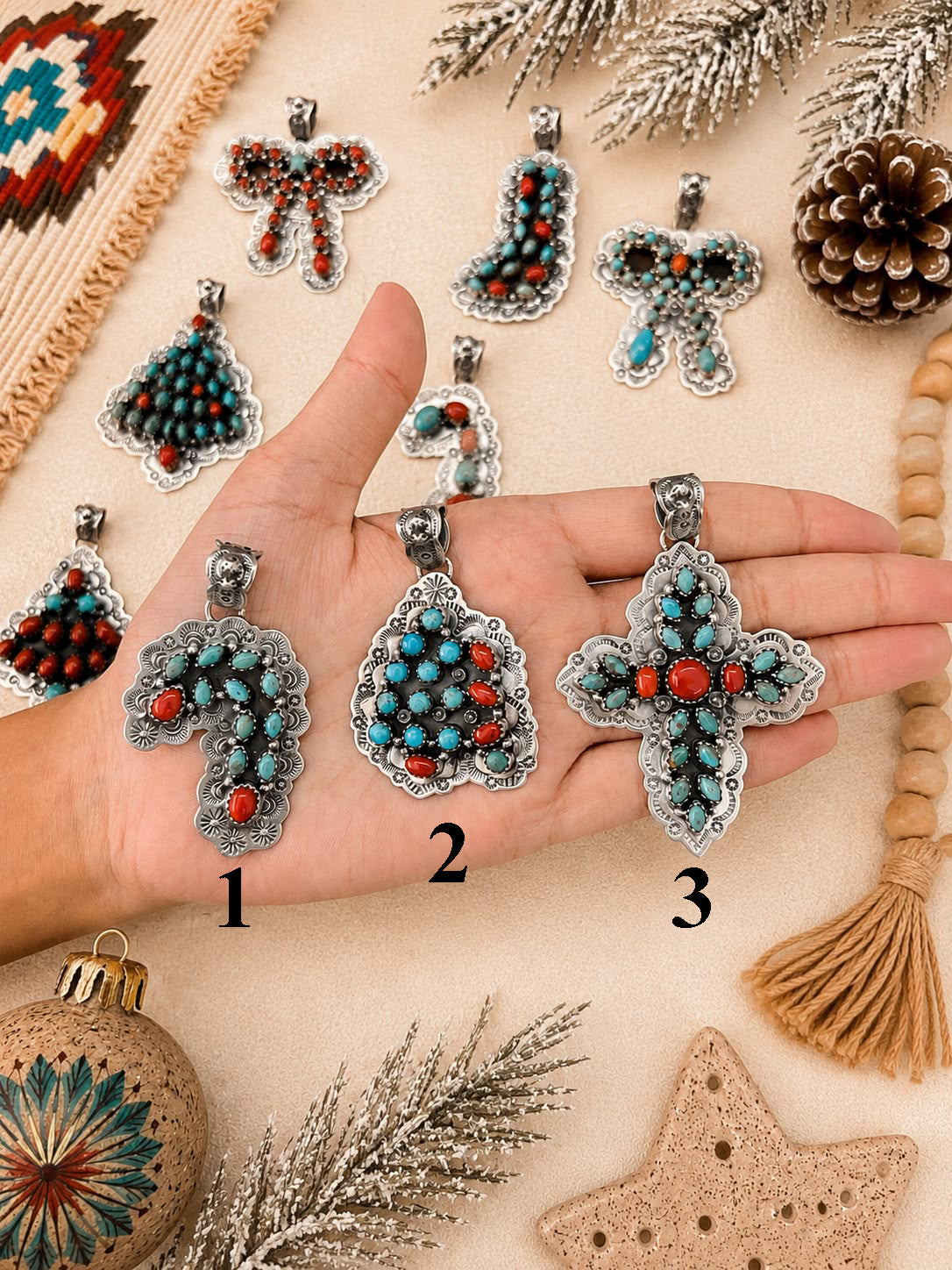 Handmade Sterling Silver Kingman Turquoise with Coral Christmas Ornaments Collection: Pendant Signed Nizhoni