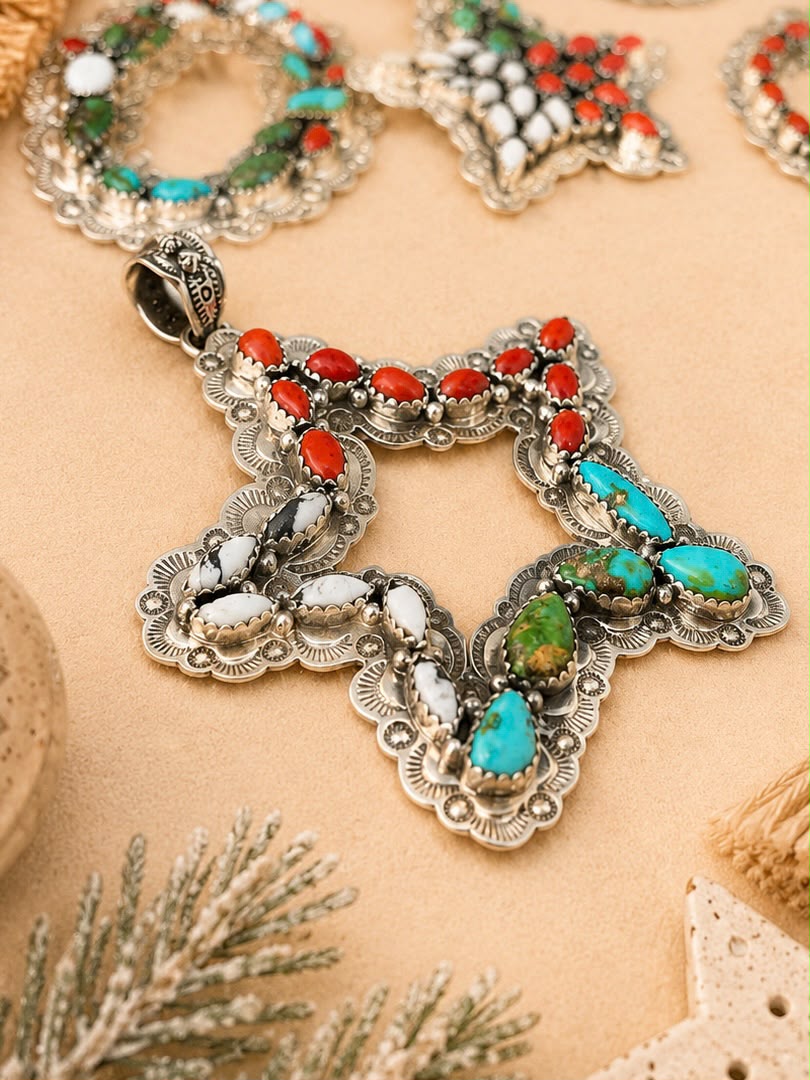 Handmade Sterling Silver Sonoran Mountain Turquoise with Coral and White Buffalo Christmas Ornaments Collection: Pendant Signed Nizhoni