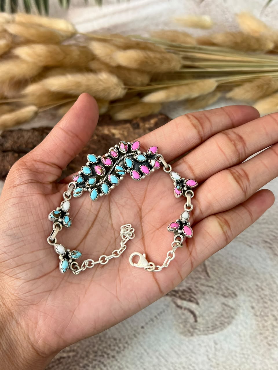Handmade Sterling Silver Cotton Candy Chain Bracelet Signed Nizhoni