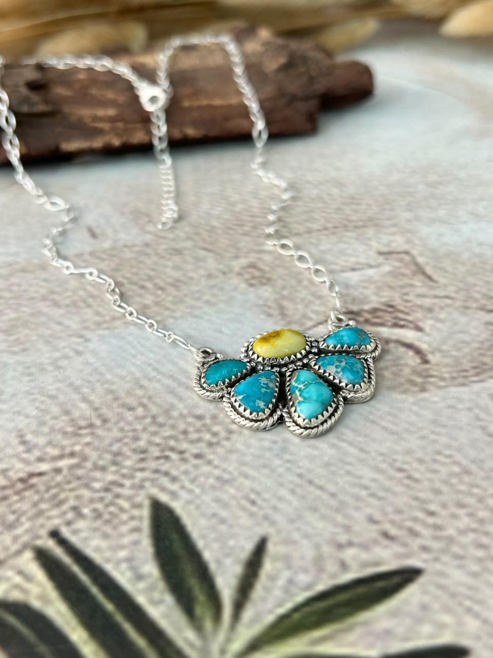 Handmade Sterling Silver White Water with Palomino Turquoise Necklace Signed Nizhoni