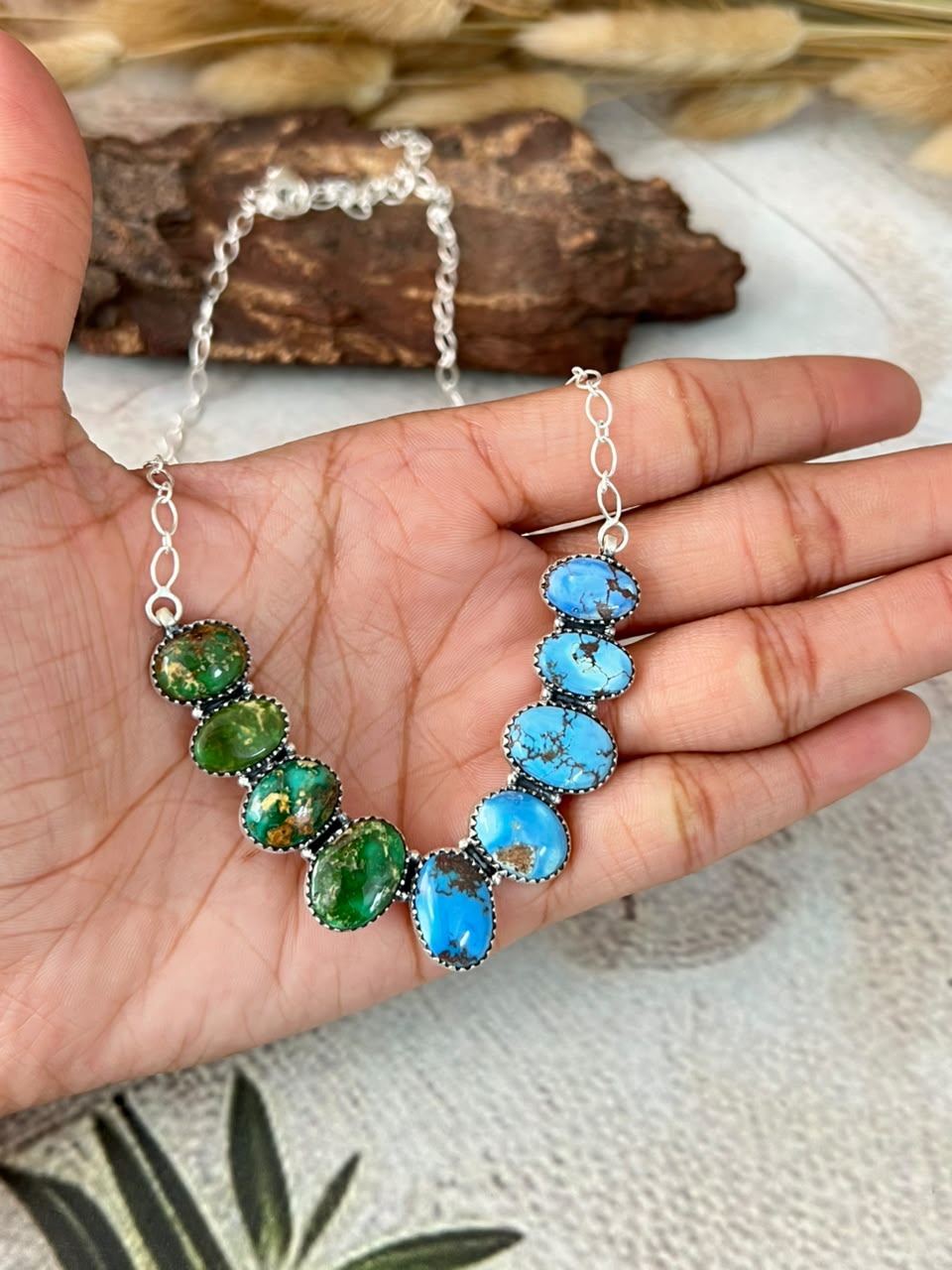 Handmade Sterling Silver Golden Hills with Sonoran Mountain Turquoise Necklace Signed Nizhoni