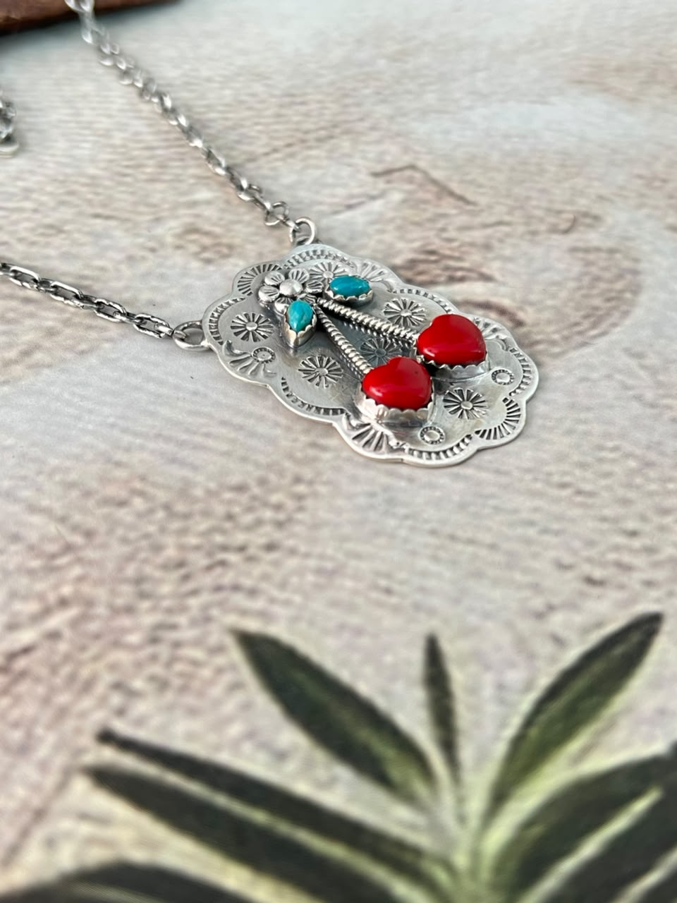 Handmade Sterling Silver Kingman Turquoise with Rosarita Cherry Necklace Signed Nizhoni