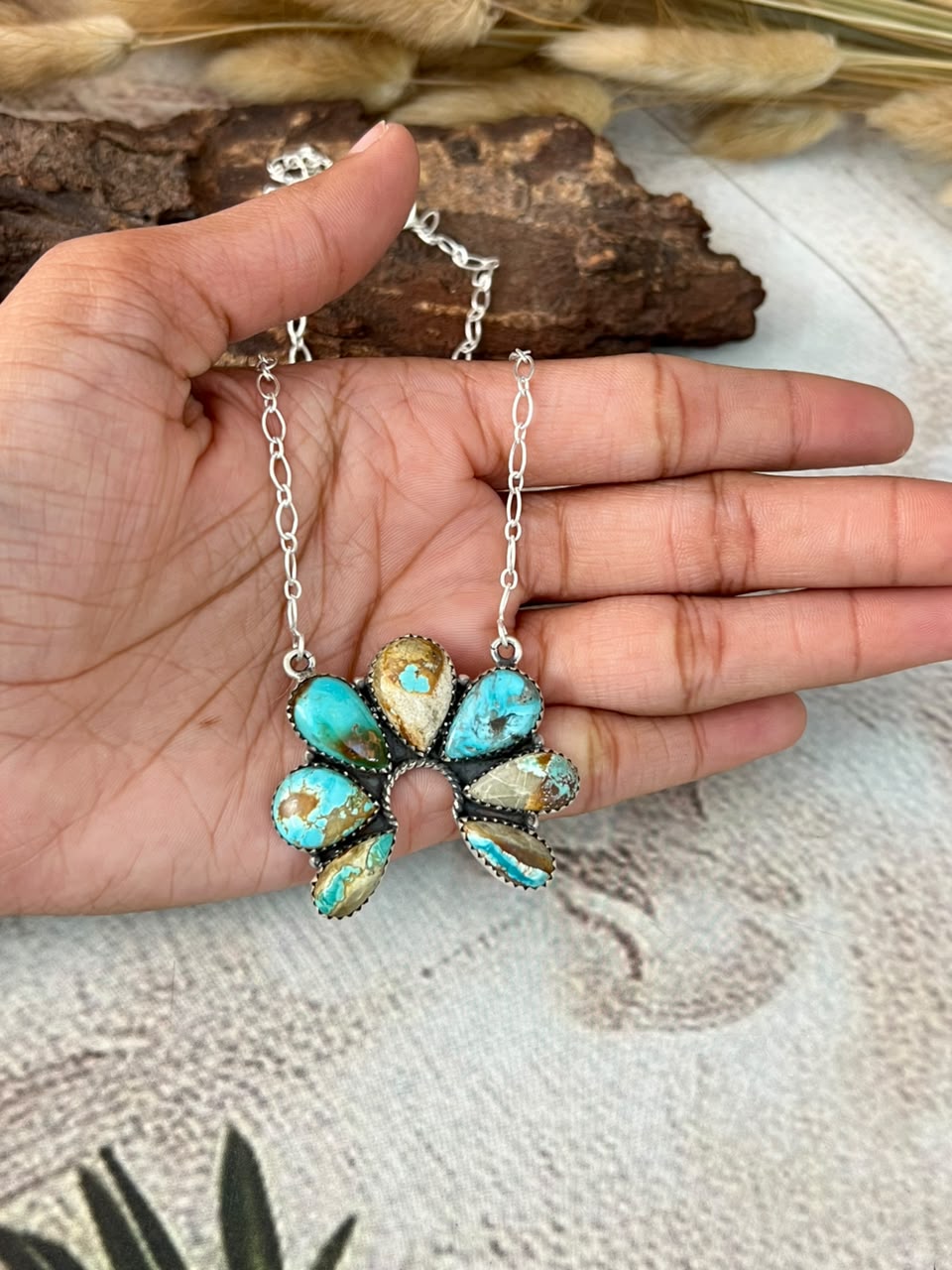 Handmade Sterling Silver Royston Turquoise Naja Necklace Signed Nizhoni