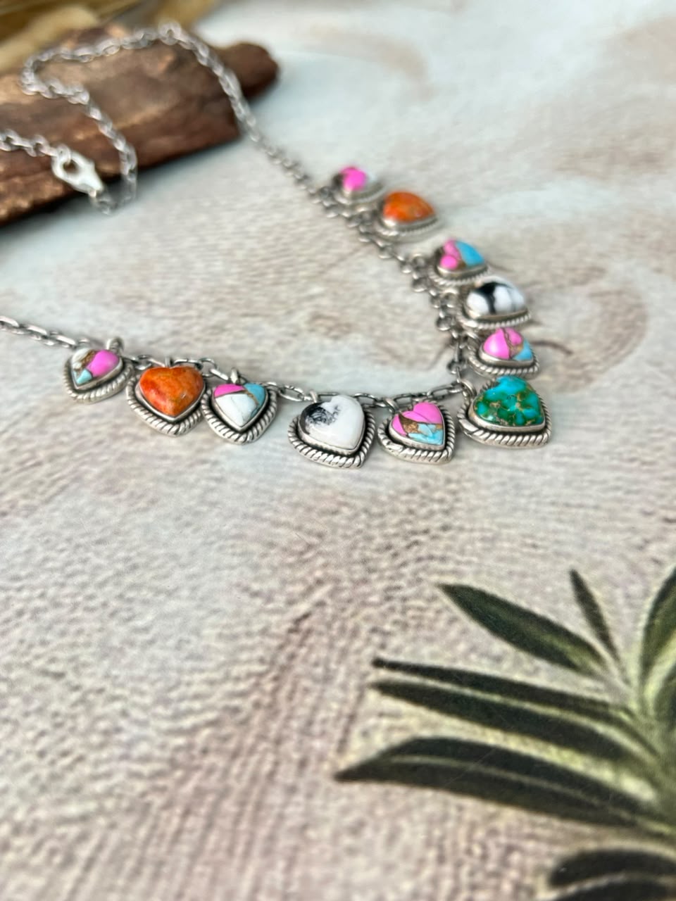 Handmade Sterling Silver Orange Mojave with Cotton Candy, Sonoran Mountain and White Buffalo Heart Necklace Signed Nizhoni