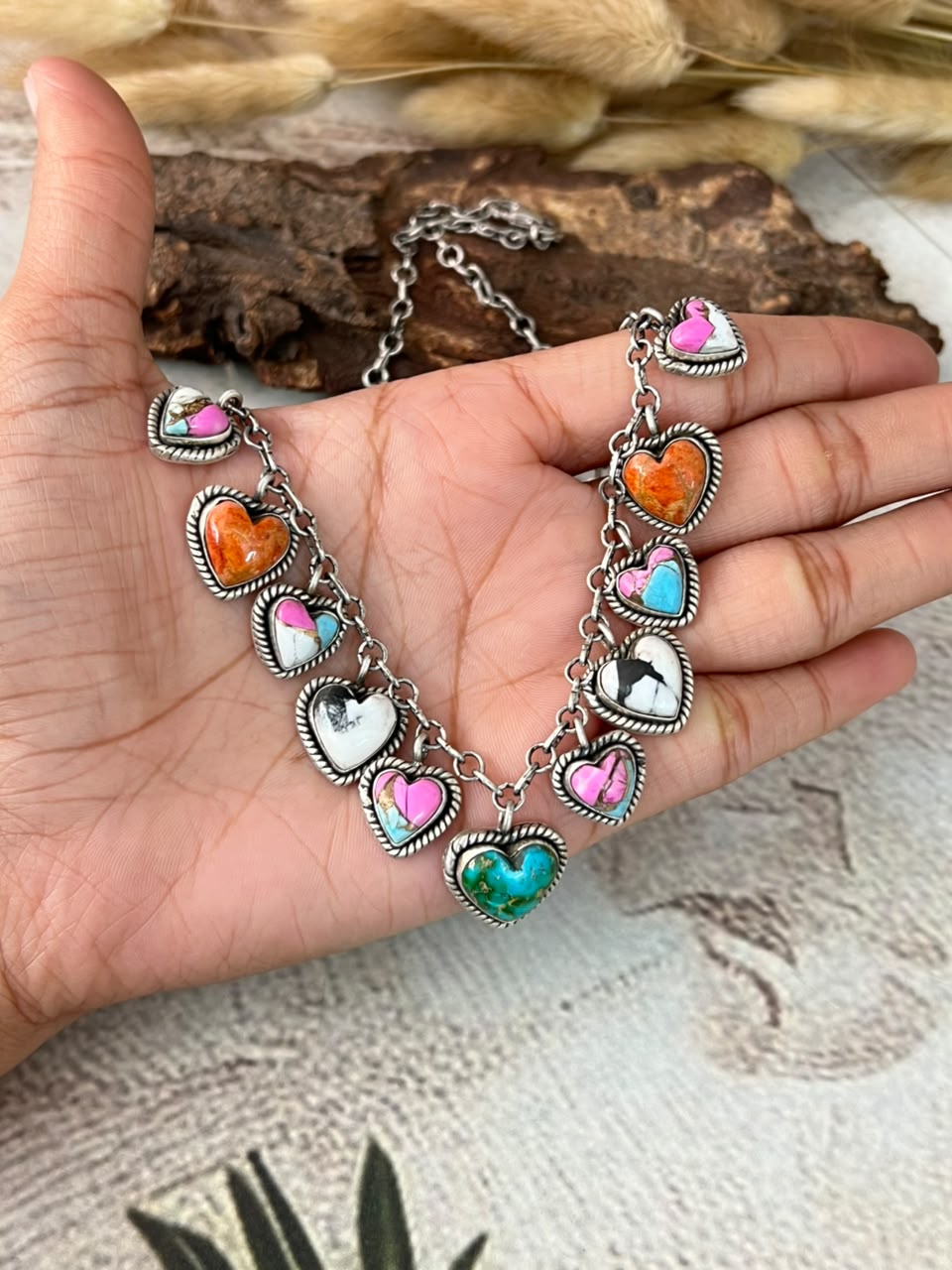 Handmade Sterling Silver Orange Mojave with Cotton Candy, Sonoran Mountain and White Buffalo Heart Necklace Signed Nizhoni